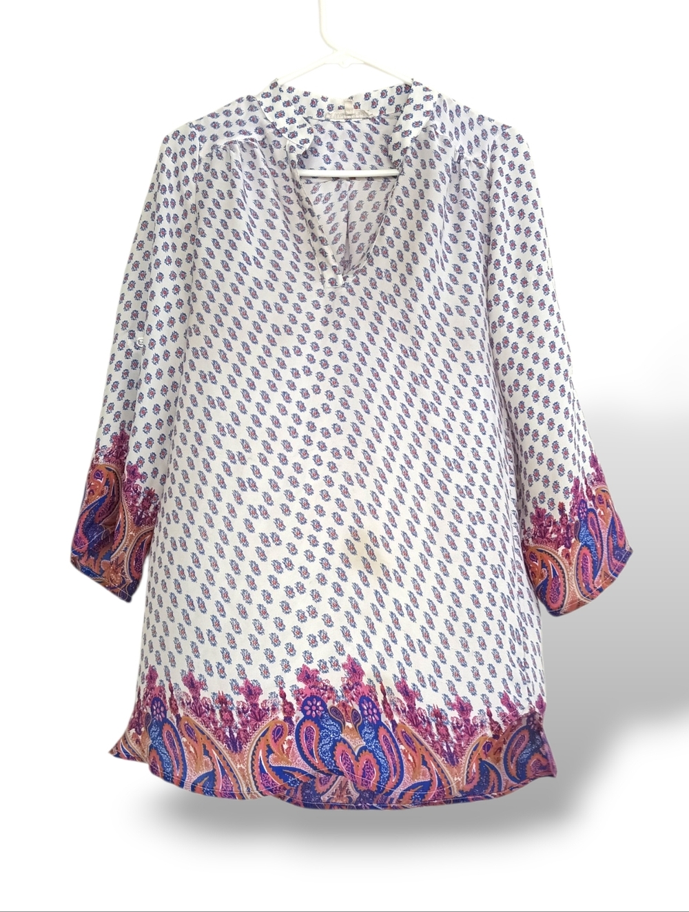 Wishful Park White Tunic with Purple, Pink & Orange Paisley Border